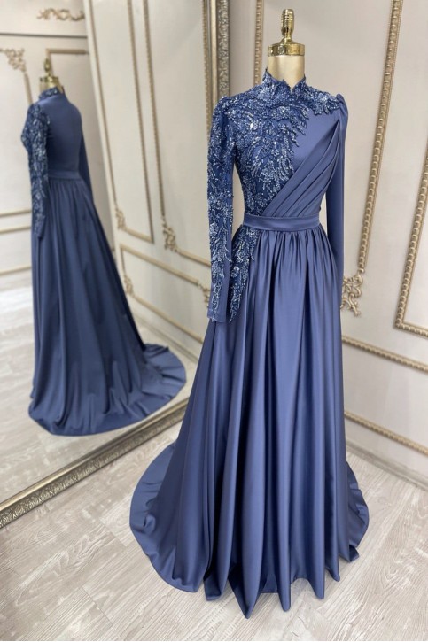 İşlemeli Abiye İndigo